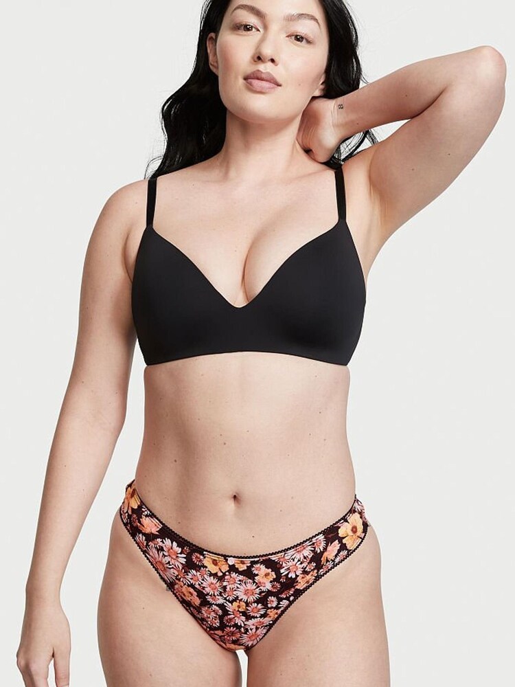 Victoria's Secret Soft Black Floral Cotton Thong Knickers - Image 1 of 1 Victoria's Secret Soft Black Floral Cotton Thong Knickers - Image 1 of 1
