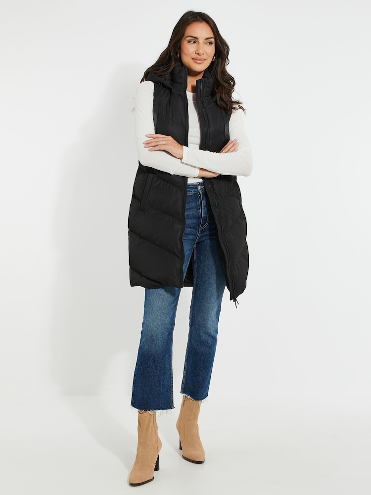 Threadbare Black Longline Padded Gilet - Image 2 of 5 Threadbare Black Longline Padded Gilet - Image 2 of 5