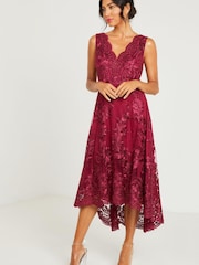 Quiz Red Lace Bardot Dip Hem Dress - Image 1 of 6