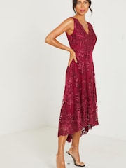 Quiz Red Lace Bardot Dip Hem Dress - Image 3 of 6