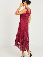 Quiz Red Lace Bardot Dip Hem Dress - Image 4 of 6