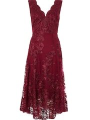 Quiz Red Lace Bardot Dip Hem Dress - Image 5 of 6
