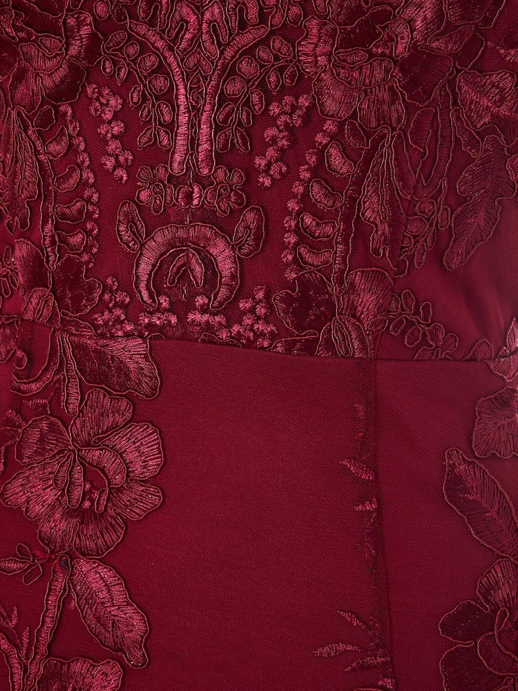Quiz Red Lace Bardot Dip Hem Dress - Image 6 of 6