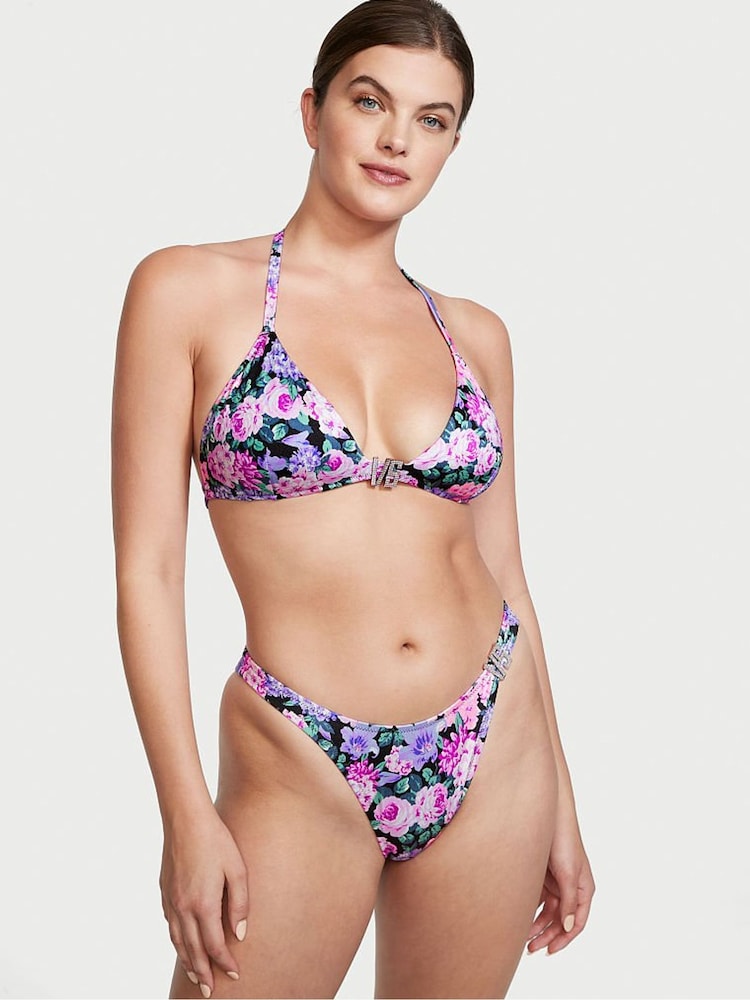 Victoria's Secret Purple Floral VS Bling Hardware Halter Swim Top - Image 1 of 3 Victoria's Secret Purple Floral VS Bling Hardware Halter Swim Top - Image 1 of 3