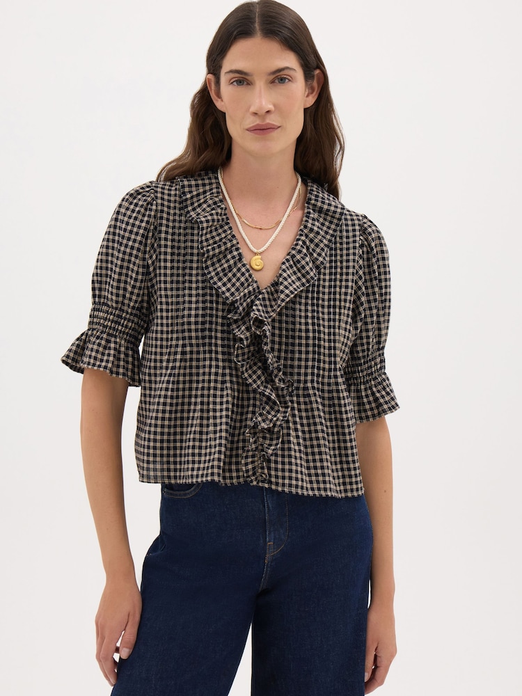 Hush Koa Ruffle Short Sleeve Check Textured Blouse - 4의 이미지 1
