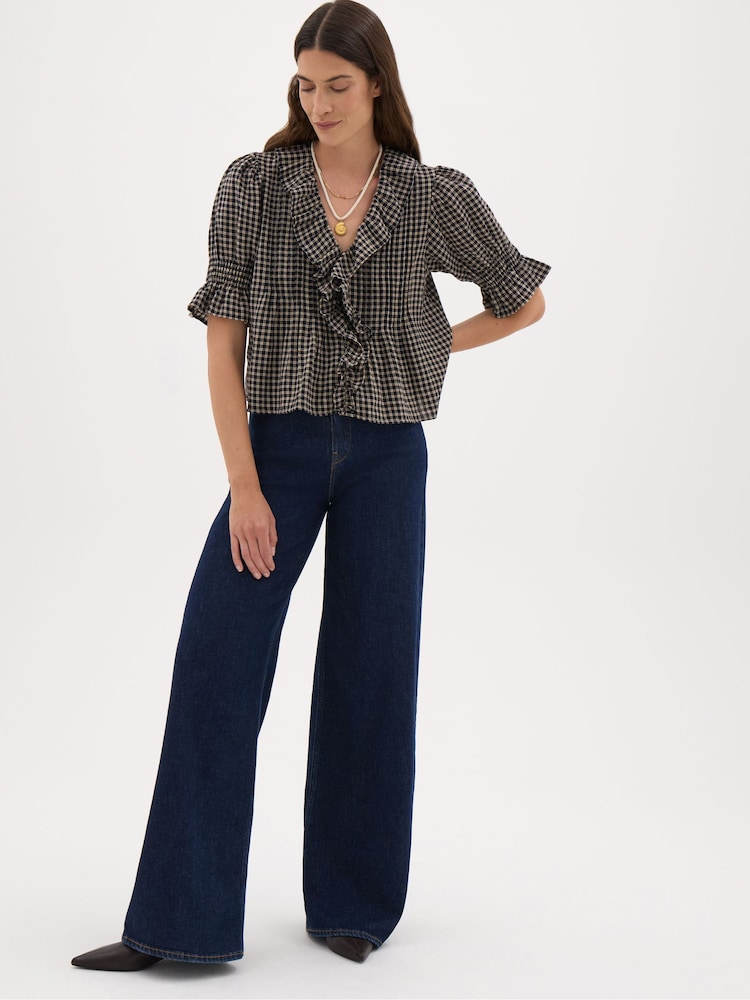 Hush Koa Ruffle Short Sleeve Check Textured Blouse - 4의 이미지 2