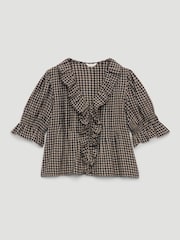 Hush Koa Ruffle Short Sleeve Check Textured Blouse - 4의 이미지 4