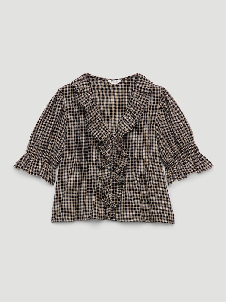 Hush Koa Ruffle Short Sleeve Check Textured Blouse - 4의 이미지 4