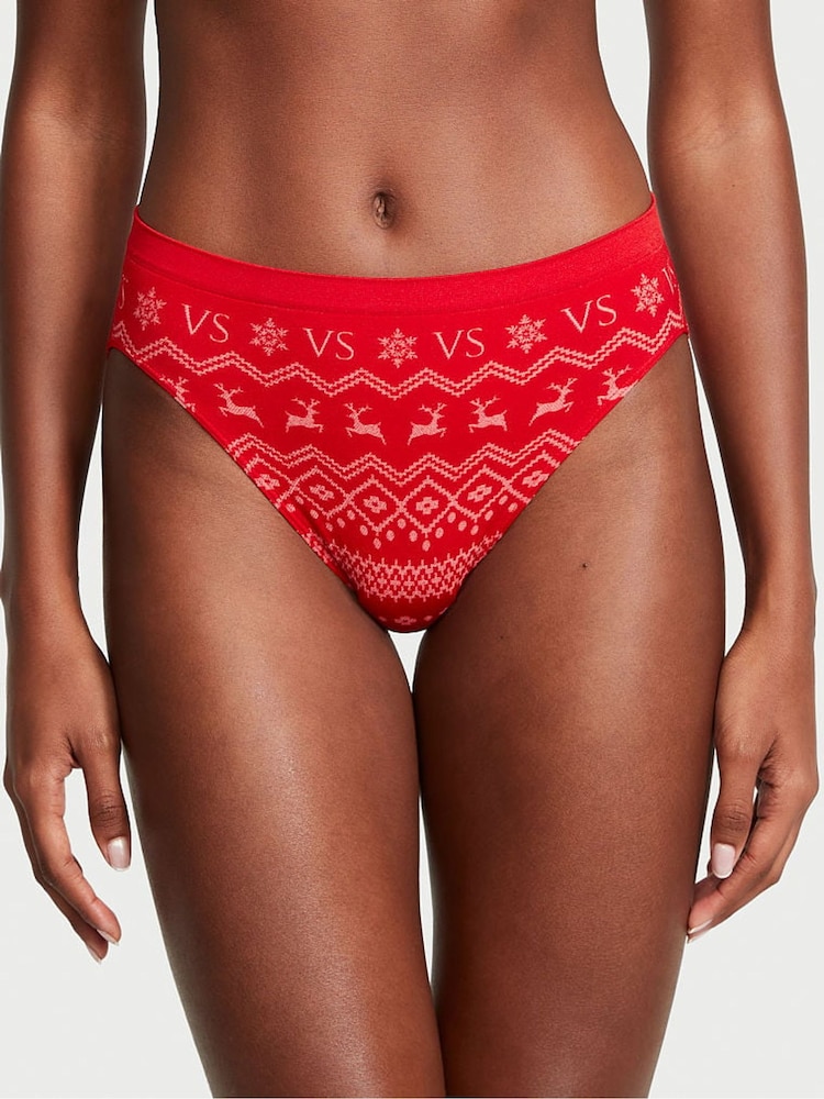 Victoria's Secret Lipstick Red Reindeer Fairisle Smooth High Leg Knickers - Image 1 of 3