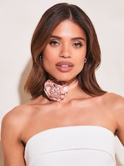 Lipsy Pink Satin Flower Corsage Choker Necklace - Image 1 of 4