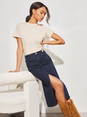Lipsy Dark Blue Denim High Rise Split Front Midi Skirt - Image 2 of 4