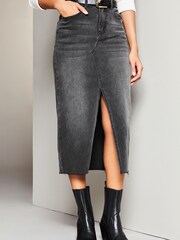 Lipsy Grey Denim High Rise Split Front Midi Skirt - Image 1 of 4