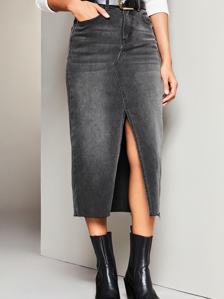 Lipsy Grey Denim High Rise Split Front Midi Skirt - Image 1 of 4