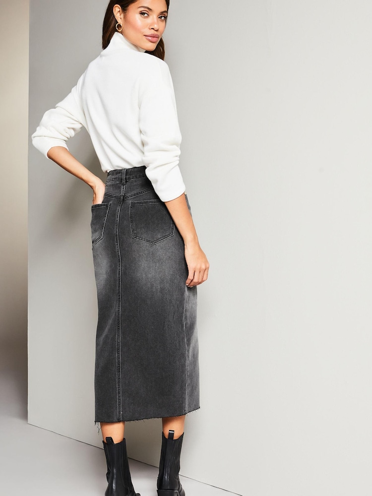 Lipsy Grey Denim High Rise Split Front Midi Skirt - Image 2 of 4