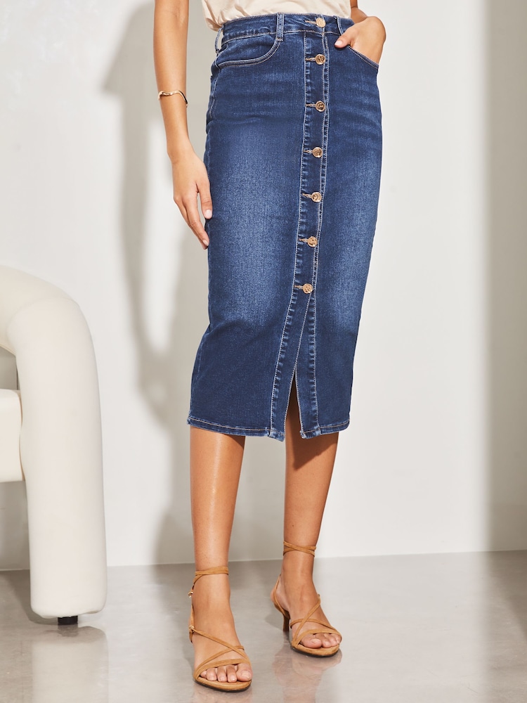Lipsy Denim-Midirock mit Knopfleiste - Bild 1 von 4