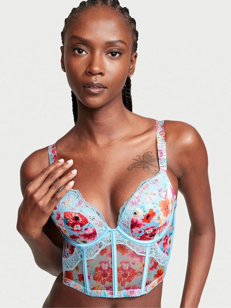 Victoria's Secret Blue Satin Shine Strap Push Up Bra Top - Image 1 of 4 Victoria's Secret Blue Satin Shine Strap Push Up Bra Top - Image 1 of 4