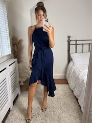 Style Cheat Blue Ariana Halter Frill Midi Dress - Image 1 of 4
