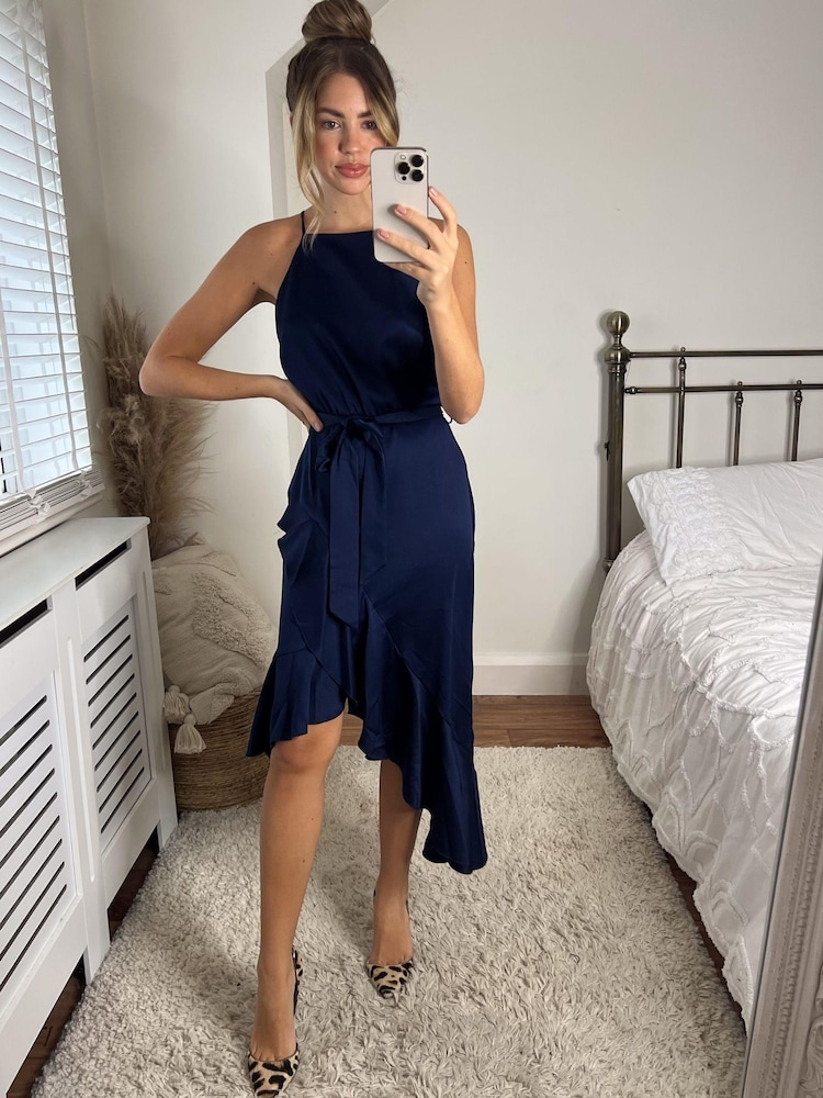 Style Cheat Blue Ariana Halter Frill Midi Dress - Image 4 of 4