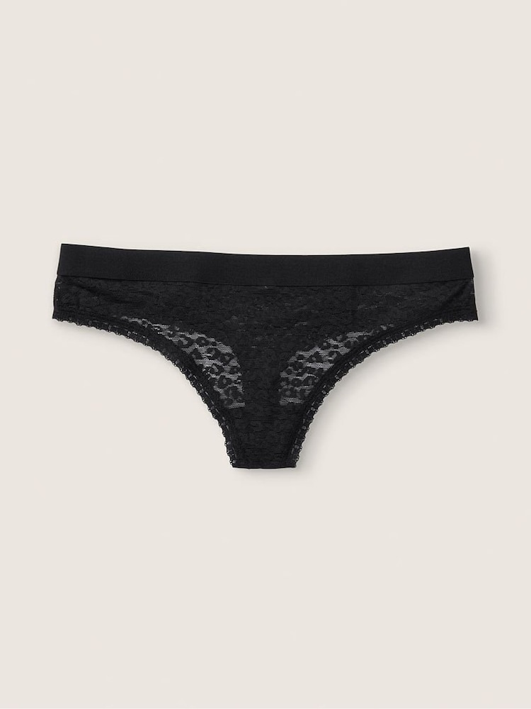 Victoria's Secret PINK Black Lace Logo Thong Knicker - Image 1 of 1