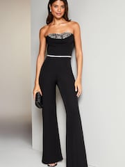 Lipsy Black Petite Bandeau Lace Corset Wide Leg Jumpsuit - Image 1 of 4