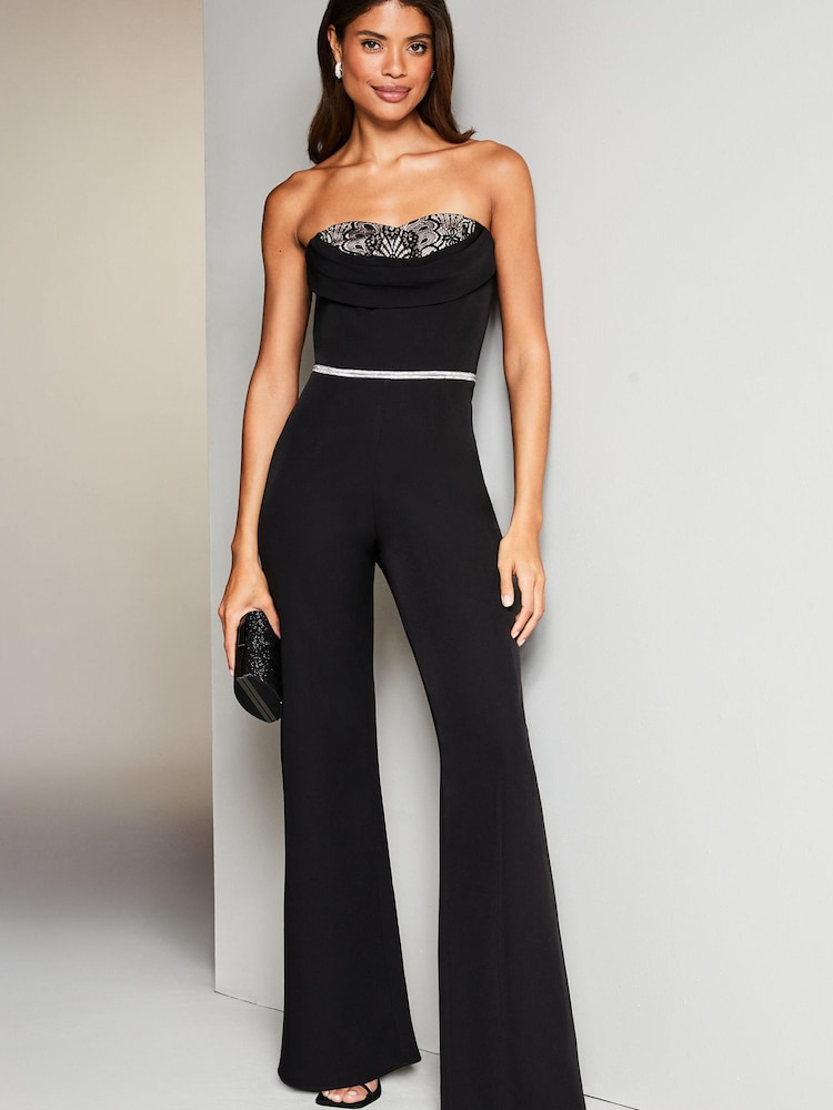 Lipsy Black Petite Bandeau Lace Corset Wide Leg Jumpsuit - Image 1 of 4