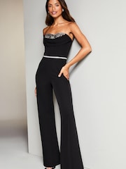 Lipsy Black Petite Bandeau Lace Corset Wide Leg Jumpsuit - Image 3 of 4
