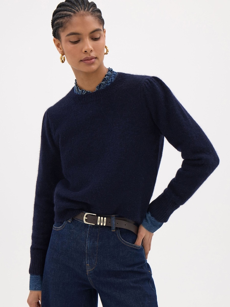Hush Blue Gathered Shoulder Wool Blend Jumper - Image 1 of 5