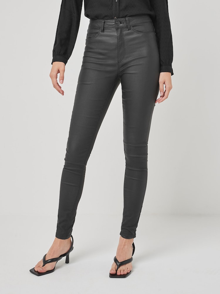 Noisy May Black Coated Callie High Waist Coated Skinny Jeans - Image 1 of 5