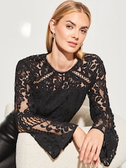 Lipsy Black Lace Flared Long Sleeve Round Neck Top - Image 1 of 4