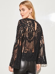 Lipsy Black Lace Flared Long Sleeve Round Neck Top - Image 2 of 4