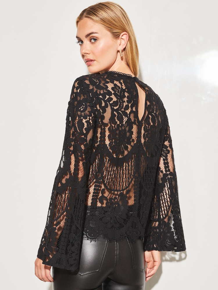 Lipsy Black Lace Flared Long Sleeve Round Neck Top - Image 2 of 4