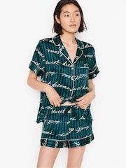 Victoria's Secret Noir Navy Blue Script Satin Short Pyjamas - Image 1 of 2