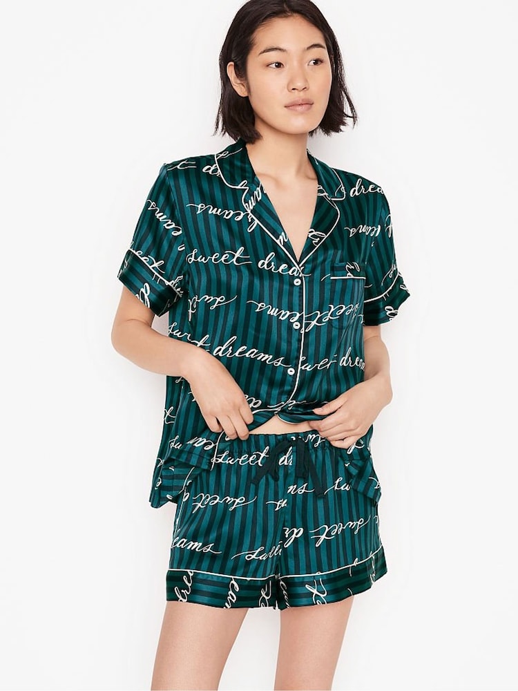 Victoria's Secret Noir Navy Blue Script Satin Short Pyjamas - Image 1 of 2