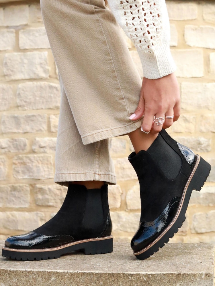 Linzi Black Cleo Faux Suede Patent Brogue Style Chelsea Boot - Image 1 of 4