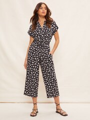 Friends Like These Black Floral Woven Short Sleeve Button Through Wide Leg Jumpsuit - Image 1 of 1