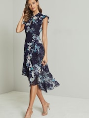Lipsy Navy Printed Keyhole Ruffle Fit and Flare Midi Dress - Image 1 of 4
