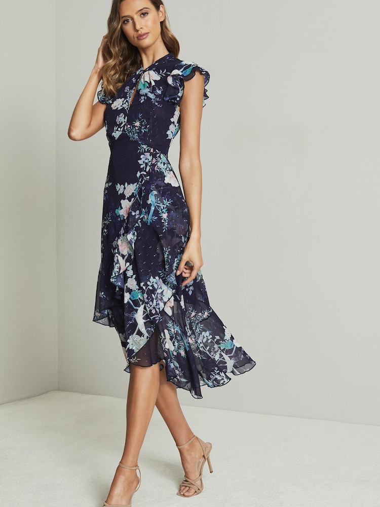 Lipsy Navy Printed Keyhole Ruffle Fit and Flare Midi Dress - Image 1 of 4