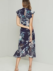 Lipsy Navy Printed Keyhole Ruffle Fit and Flare Midi Dress - Image 2 of 4