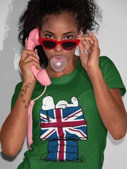 All + Every Kelly Green Peanuts Union Jack Hut Snoopy Women's T-Shirt - Image 1 of 3