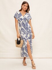 Friends Like These Blue Paisley V-Neck Short Sleeve Button Up Slit Midi Dress - Image 1 of 4
