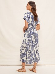 Friends Like These Blue Paisley V-Neck Short Sleeve Button Up Slit Midi Dress - Image 2 of 4