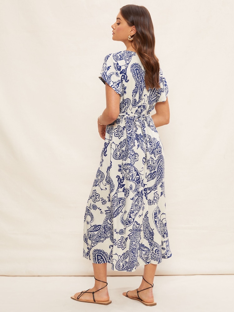 Friends Like These Blue Paisley V-Neck Short Sleeve Button Up Slit Midi Dress - Image 2 of 4 Friends Like These Blue Paisley V-Neck Short Sleeve Button Up Slit Midi Dress - Image 2 of 4