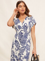 Friends Like These Blue Paisley V-Neck Short Sleeve Button Up Slit Midi Dress - Image 4 of 4