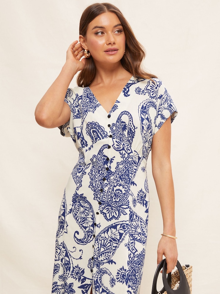 Friends Like These Blue Paisley V-Neck Short Sleeve Button Up Slit Midi Dress - Image 4 of 4 Friends Like These Blue Paisley V-Neck Short Sleeve Button Up Slit Midi Dress - Image 4 of 4
