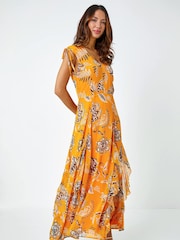 Roman Yellow Mustard Sleeveless Floral Frill Maxi Dress - Image 1 of 5