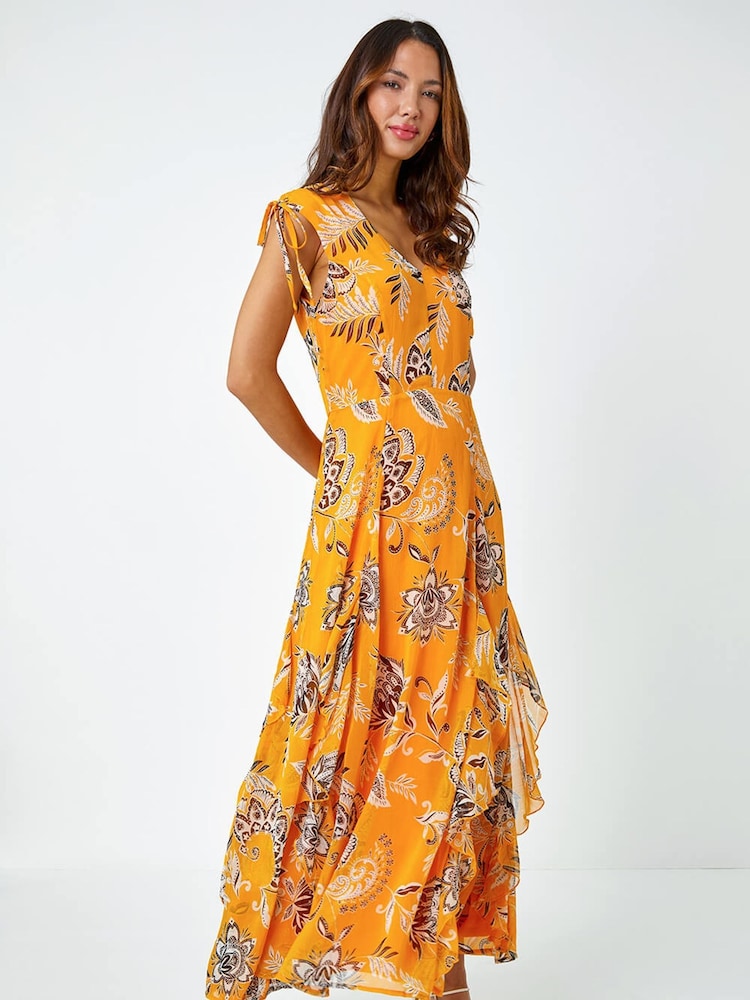 Roman Yellow Mustard Sleeveless Floral Frill Maxi Dress - Image 1 of 5