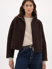 Hush Brown Ira Pure Wool Double Faced Funnel Neck Zip Jacket - Image 1 of 6
