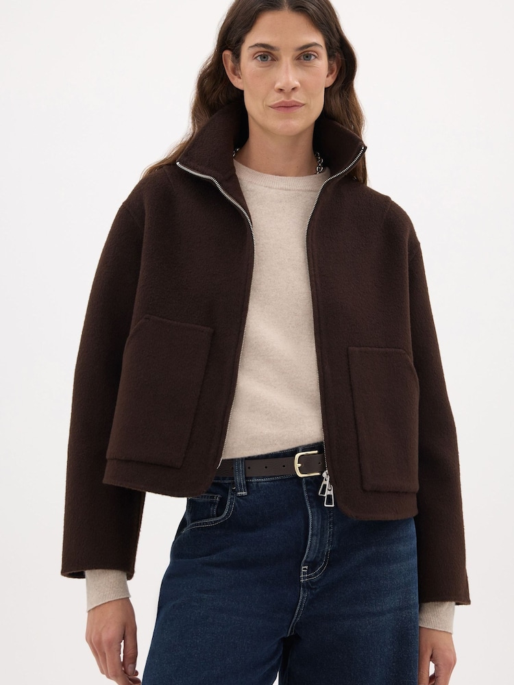 Hush Brown Ira Pure Wool Double Faced Funnel Neck Zip Jacket - Image 1 of 6 Hush Brown Ira Pure Wool Double Faced Funnel Neck Zip Jacket - Image 1 of 6