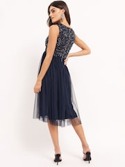 Maya Navy Blue V Neck Sleeveless Sequin Midi Dress - Image 1 of 4