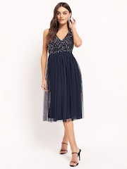 Maya Navy Blue V Neck Sleeveless Sequin Midi Dress - Image 2 of 4